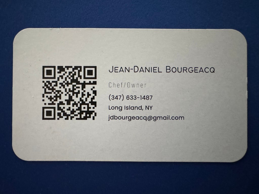 Business card of Chef Jean-Daniel Bourgeacq featuring his contact information and QR code.