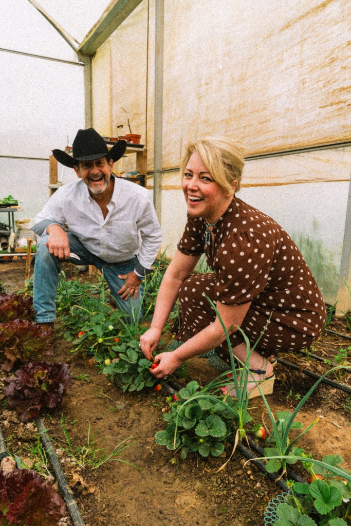 A man in a cowboy hat and a woman are joyfully working in a greenhouse, harvesting fresh vegetables and strawberries from the garden beds.